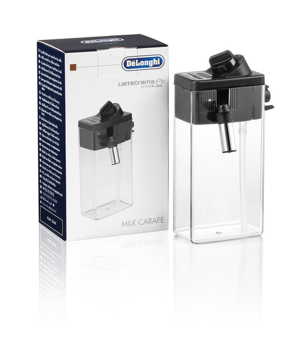 Image of the DeLonghi Parts: Milk Carafe:DLSC018 with LatteCrema System. The clear, rectangular container has a black lid with control knobs and dispensing tubes. The DeLonghi carafe, ideal for the Dinamica Plus, is displayed next to its original packaging, which features an image and branding of the Replacement LatteCrema system on the box.