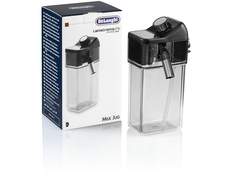 A DeLonghi Parts: Milk Carafe:DLSC018 milk jug is displayed against a white background. The clear, rectangular jug has a black lid with a knob and an attached dispenser nozzle. The product box is positioned to the left, showcasing the same item and branding, ideal for your Dinamica Plus machine.