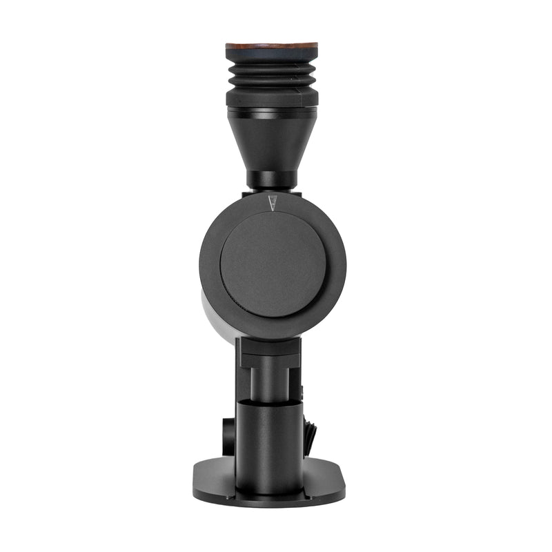 The DF Grinders DF83V Variable Speed Single Dose Coffee Grinder in black, with its sleek cylindrical design and minimalist structure, showcases 83mm DLC brew burrs for precision grinding from a side angle while standing upright on its base.