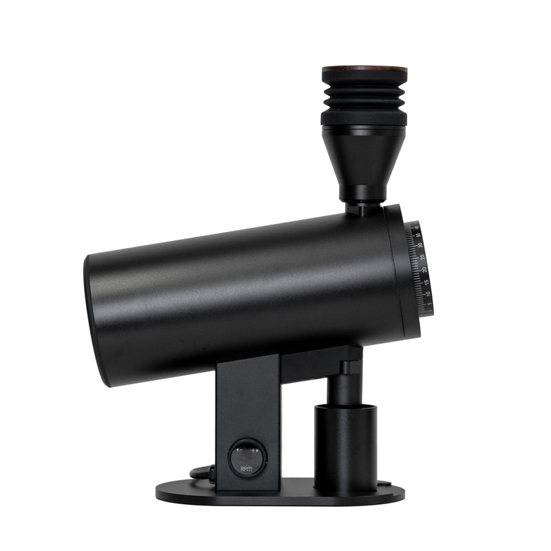 A sleek black telescope with a cylindrical body on a single-axis base evokes the precision of the DF83V Coffee Grinder's DLC Brew Burrs by DF Grinders, featuring a focusing ring and distinctive eyepiece that highlight its modern, minimalist design in horizontal alignment.