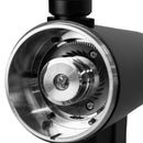 The DF83V Variable Speed Single Dose Coffee Grinder by DF Grinders features 83mm DLC brew burrs in a circular stainless steel grinding disk with sharp, ridged edges, encased in matte black. Visible screws secure the parts for precise coffee grinding.