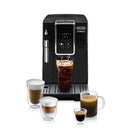 A sleek black DeLonghi Dinamica Super Automatic Espresso & Coffee Machine (ECAM35020B) on a white background, showcasing De'Longhi Brewing Technology with a display panel featuring multiple buttons. In front of this super automatic machine are five different coffee drinks: cappuccino, latte, macchiato, black coffee, and iced coffee in clear glass cups.