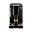 A sleek black De'Longhi Dinamica Super Automatic Espresso & Coffee Machine - ECAM35020B is brewing a cup of coffee. Featuring advanced De'Longhi Brewing Technology, the machine has a digital display with multiple buttons, a steaming wand on the left side, and a drip tray with a grid pattern underneath the cup of coffee.