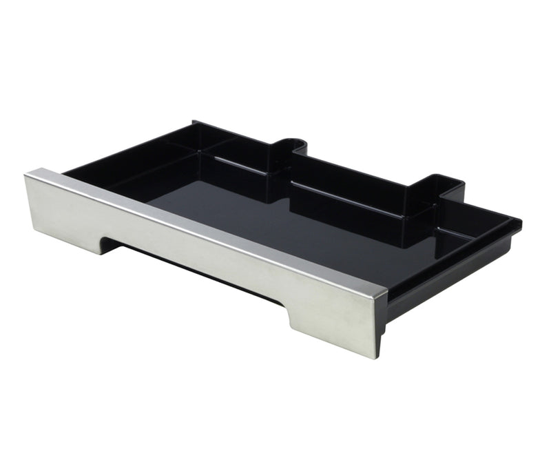 A DeLonghi black and silver rectangular drawer organizer. The tray, inspired by the sleek design of the La Specialista, features multiple compartments of various sizes for organizing small items. It boasts a modern look with metallic silver edges and handles on each side for easy handling. Identify it as DeLonghi Parts: Drain Tray 5513201059.