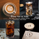 Four images of coffee drinks crafted with the DeLonghi La Specialista Maestro Espresso Machine with Cold Brew EC9885M (Silver): a latte featuring a heart design, an iced coffee with milk swirls, a cold brew with ice, and an espresso martini. Text reads: "Brew Hot or Iced - Perfect for your favorite coffee drinks, cocktails, and more.