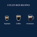 Three glass mugs showcase a trio of coffee beverages against a dark blue backdrop. From left to right: Espresso, Coffee, and Americano. The text "3 Featured Recipes" is prominently displayed at the top, emphasizing the magic of LatteCrema Hot in each brew using the DeLonghi Magnifica Start Super Automatic Espresso Machine ECAM22022B (Black).