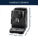 Displayed is the DeLonghi Magnifica Start Super Automatic Espresso Machine ECAM22022B in black, showcasing its compact design with integrated grinding technology. It stands 14 inches tall, 9.25 inches wide, and 17 inches deep. The machine includes LatteCrema Hot for creating perfect coffee drinks, features buttons and a steam wand on the front, along with a drip tray at the bottom for convenience.