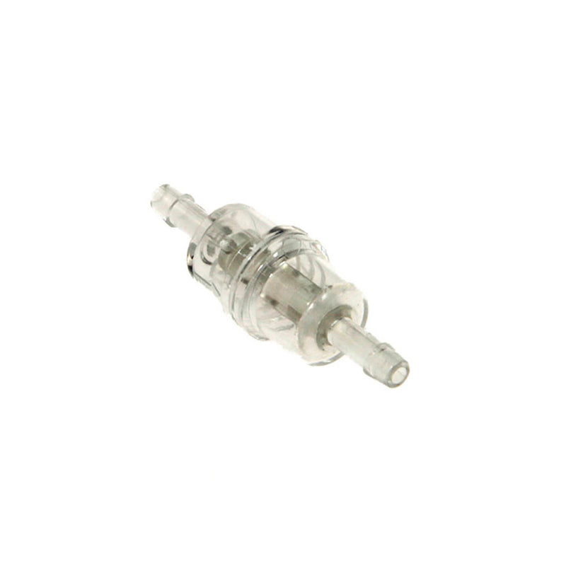 The DeLonghi Parts: Impurities Filter 5513220521 is a small, transparent, cylindrical one-way valve with short, narrow connectors on both ends for tubing attachment, designed specifically for Nespresso machines. The clear valve body allows the internal mechanism to be visible and functions as an impurities filter.