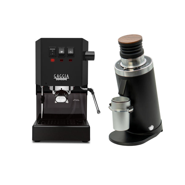 The Gaggia Classic Evo Pro Black partnered with the DF64 Gen 2 Grinder featuring DLC burrs, both in striking black, are set against a white backdrop. The espresso machine includes intuitive buttons and a steam wand, while the grinder sports a wooden top and metal container, ensuring professional-quality coffee every time.