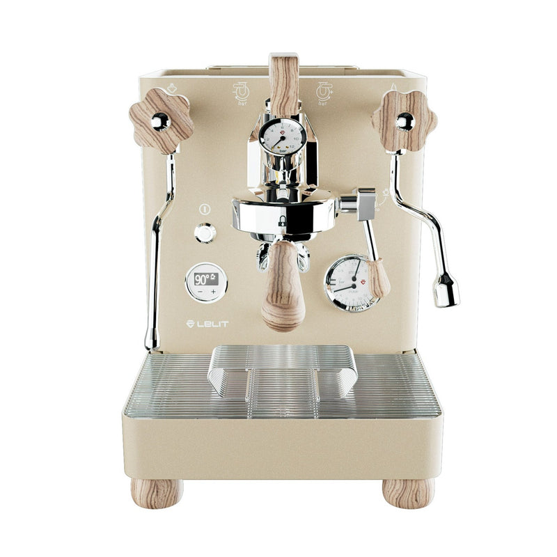 The Lelit Bianca 3 Semi-Automatic Dual-Boiler E61 Espresso Machine with PID PL162TCG (Version 3) Gold, featuring a beige color with wooden handles and knobs, offers an advanced pressure gauge, temperature display, portafilter, and steam wand. Adorned with the Lelit brand name on the front and equipped with an electronic low-flow mode, this sleek machine seamlessly combines modern design and cutting-edge functionality.