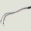 A set of blue and brown electrical wires with connectors on a light background, ideal for use in the Keurig VKI Eccellenza Touch commercial brewing system. These wires split into two branches at the end, each featuring a small, silver, circular terminal. The product is named Keurig VKI Eccellenza Touch HARNESS DOOR LED 76-39342 by Keurig.