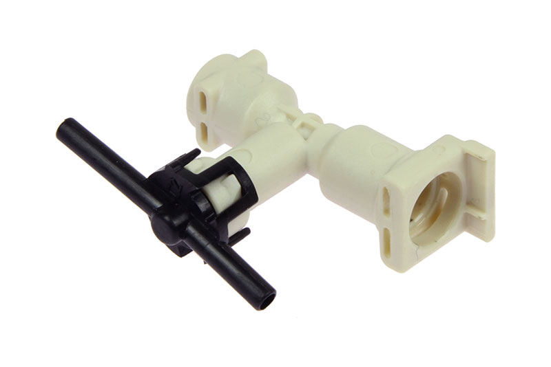 The DeLonghi Parts Safety Valve 7313229481 is a white plastic barbed hose connector with a black T-valve handle, similar to parts used in ECAM machines. Designed to attach and control fluid flow within a system, it includes both male and female ends. This connector can notably enhance the safety valve function in DeLonghi appliances.