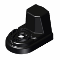 A black Lego piece with a circular base and an elevated rectangular part, resembling the Keurig VKI Eccellenza Touch/Momentum Brewer Motor Assembly 76-39364. The piece features holes and indentations designed for precise connectivity with other Lego pieces.