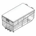 A 3D wireframe model of a large rectangular storage container with a hinged lid, resembling the Keurig VKI Eccellenza Momentum Coffee Dispenser ASM 76-39266. The container features reinforced corners, side handles, and a base with structural supports, designed for industrial or heavy-duty use.