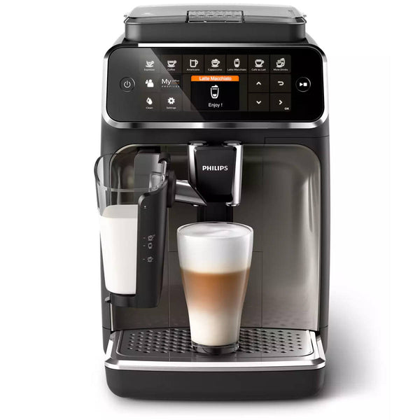 The Philips 4300 LatteGo Super Automatic Espresso, Cappuccino, & Latte Macchiato Machine EP4347/94 - Demo by Philips is a fully automatic espresso machine featuring a sleek touch display and various touch buttons. It includes a milk frother attachment, with a glass of freshly made layered latte placed on the drip tray, making it an ideal choice for coffee enthusiasts.