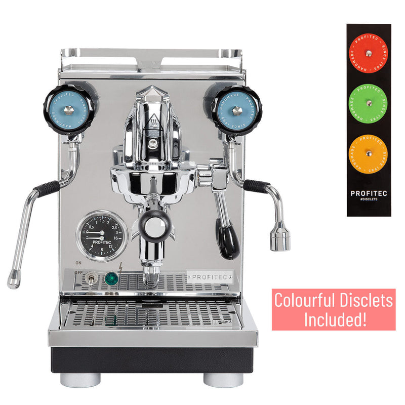 Introducing the Profitec Pro 400 Espresso Machine & DF64 Gen 2 w/ DLC Burrs (White) Bundle from Profitec, featuring a chrome finish with dual blue pressure gauges, steam wands, and a handy cup warming tray. The E61 group head provides optimal extraction. On the right side, a traffic light-style display highlights vibrant disclets accompanied by text that reads "Colourful Disclets Included!