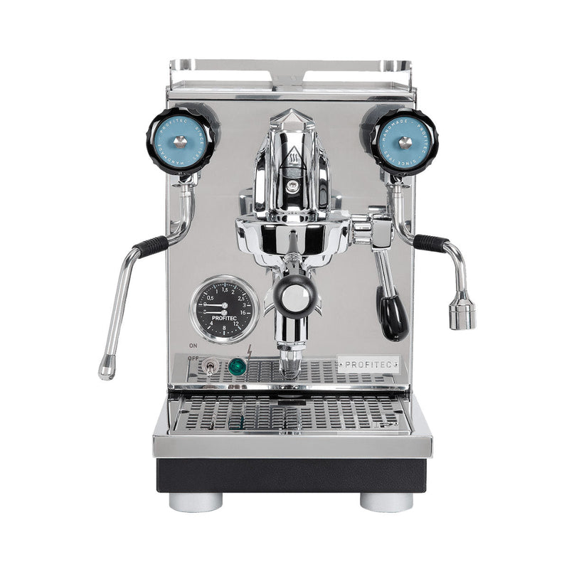 The Profitec Pro 400 Espresso Machine, included in the Profitec Pro 400 Espresso Machine & Eureka Mignon Specialita Grinder (Chrome) Bundle, is a stainless steel heat exchanger machine that features two blue pressure gauges, a single portafilter, steam wand, hot water spout, and PID temperature control. This machine boasts various controls and a convenient drip tray at the bottom.