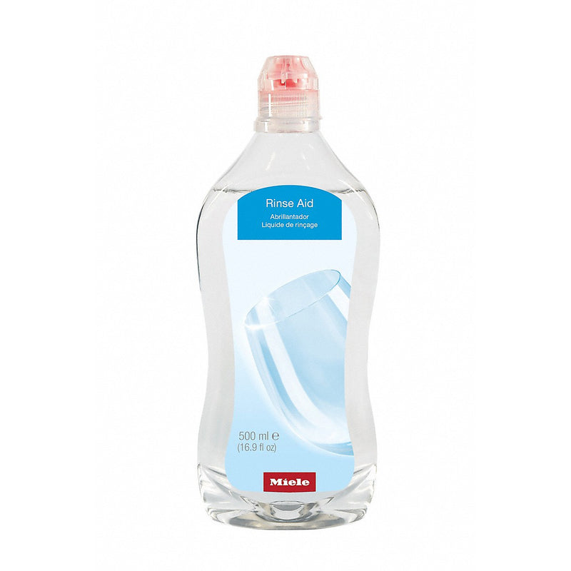 A clear plastic bottle with a red cap containing 500 ml (16.9 fl oz) of Miele Dishwasher Rinse Agent 500 mL GS RA 503 L. The front label displays the product name in English, German, and French, along with an image of a clear glass. Perfectly complements Miele dishwashers and features a glass protection formula for spotless results.
