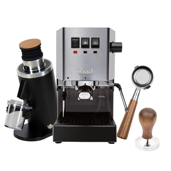 The CYBER MONDAY BUNDLE by Gaggia, which includes the Gaggia Classic E24 Stainless Steel machine and a DF54 (Black) Grinder, combines a bottomless walnut portafilter and a walnut tamper. This bundle, featuring a sleek brushed metal finish, is equipped with three front buttons and a group head for brewing, making it ideal for crafting quality coffee at home.