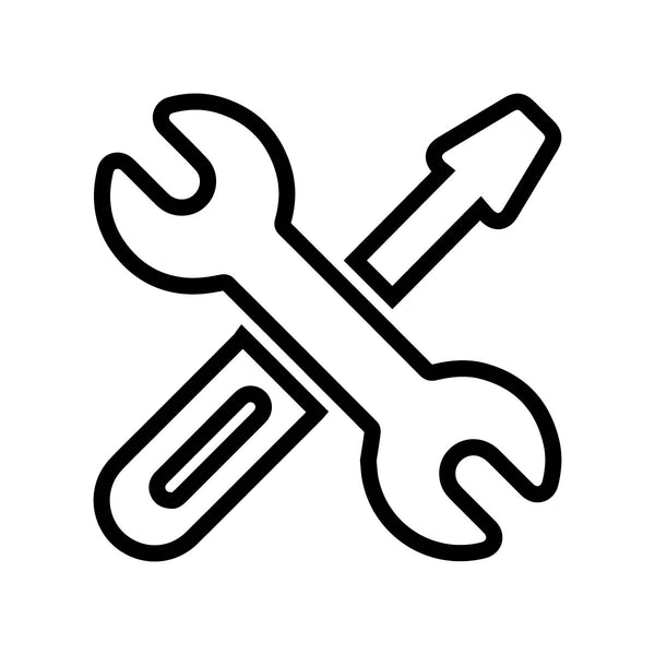 A simple, outlined design featuring a black and white icon of a wrench and a screwdriver crossed diagonally. The wrench is horizontally positioned with the screwdriver angled upwards behind it, symbolizing tools or repair typically associated with the Service Centre: 1 Hour of Labor Cost by HCS, often seen in service centers for Home Coffee Solutions.