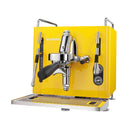 A Sanremo Cube R Heat Exchanger Espresso Machine E61 Group Head in a vibrant yellow color with chrome accents, including a steaming wand and portafilter. This precise coffee machine also features a black handle and a drip tray at the bottom. The brand name "Sanremo" is prominently displayed on the front of the machine.