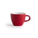 A 70ml Acme Demitasse Espresso Cup in red with a white interior and a curved handle is displayed against a plain white background. The cup, part of the "ACME Demitasse Espresso Cup 70ml/2.4 oz - Set of 6 Cups (Red)," features a simple, clean design that ensures optimal heat retention for an exquisite espresso experience. A slight shadow beneath it completes the image.
