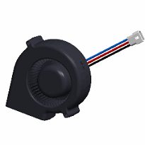 Animated image of a black blower fan with a circular design, similar to the Keurig VKI Eccellenza Touch Blower Motor Assembly 76-38459 by Keurig. It includes a three-color wire (red, blue, and black) terminating in a white connector. The fan is depicted rotating to the right.