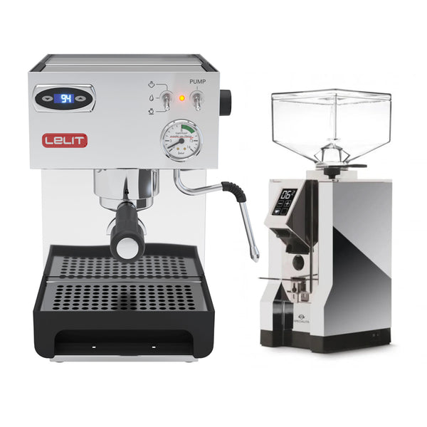 The image shows the Lelit Anna 2 PL41TEM Espresso Machine with PID, featuring a digital display, pressure gauge, and steam wand on the left. To the right is the Eureka Mignon Specialita Grinder in chrome, complete with a digital interface and transparent bean hopper on top—perfect for any professional barista.