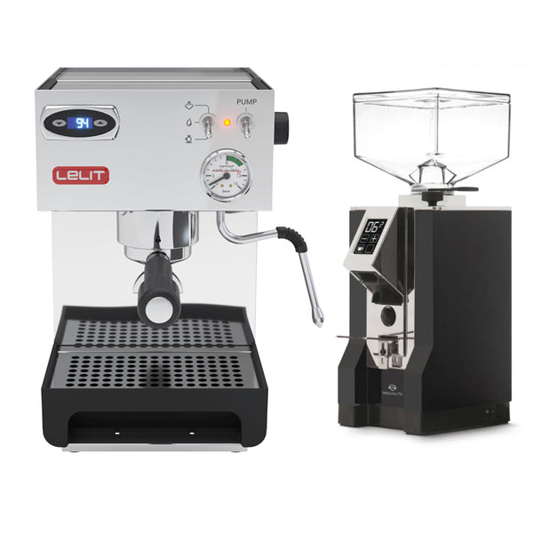 The Lelit Anna 2 PL41TEM Espresso Machine with PID and Eureka Mignon Specialita (Black) Grinder Bundle pairs perfectly side by side. The Lelit espresso machine boasts a digital display and pressure gauge, while the Eureka Mignon grinder also features a digital display, along with a bean hopper on top and a spout for dispensing freshly ground coffee.