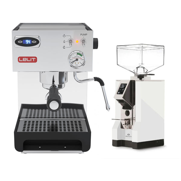 A sleek, silver Lelit Anna 2 PL41TEM espresso machine with a PID digital display and a steam wand sits beside a modern Eureka Mignon Silenzio coffee grinder in white with a transparent bean hopper. Both appliances boast contemporary, streamlined designs.