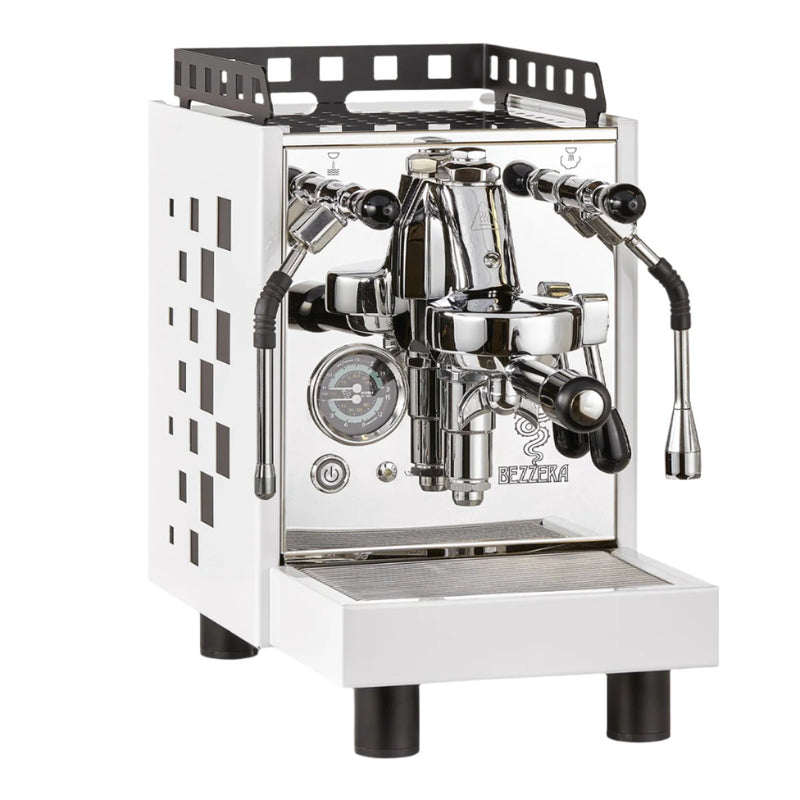 The Bezzera Aria TOP Heat Exchange Espresso Machine w/ PID, Flow Control (White) combines sleek aesthetics with a stainless steel build and a white square-patterned casing. It features two portafilters, a pressure gauge, and steam wands. The top is black with square cutouts, prominently displaying the brand name "Bezzera" on the front.