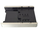 Image of a black and silver electronic component or device casing, resembling the robust base of the DeLonghi Parts: Base 7313289069 from DeLonghi, with multiple mounting points and slots for circuitry. The casing appears to be empty, designed to house internal components. The edges are metallic, and the body is primarily black plastic.