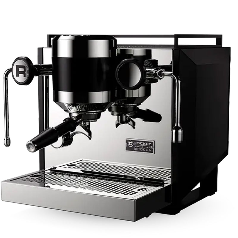 Introducing the Rocket Bicocca Dual Boiler Espresso Machine RE602V3B11 (Black) - Preorder, this elegant and ergonomic espresso machine features dual group heads and two steam wands. Its shiny exterior, built on a sturdy base, proudly displays "Rocket" alongside its Italian heritage with "R Cinquantotto.