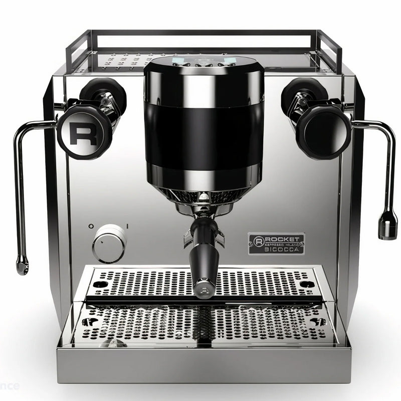 The Rocket Bicocca Dual Boiler Espresso Machine RE602V3B11, available for preorder in a sleek black finish, boasts dual steam wands, a central portafilter, and a digital display. Its polished surfaces and ergonomic layout create a modern and sophisticated appearance that honors its Italian heritage.