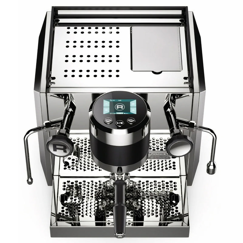 The Rocket Bicocca Dual Boiler Espresso Machine RE602V3B11 (Black) - Preorder is a stylish and contemporary espresso machine from Rocket, featuring a digital display and an ergonomic design. It has dual levers flanking the brewing area and boasts a textured drip tray beneath, all in a polished metal finish that highlights its Italian roots.