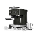 The stylish KitchenAid Semi Automatic Espresso Machine with Burr Grinder KES6551BL (Cast Iron Black) boasts a sleek design with a stainless-steel control panel and base. It includes essential features such as a portafilter and a milk frothing wand, along with several useful accessories like a stainless-steel milk jug, three portafilter baskets, and a cleaning brush.