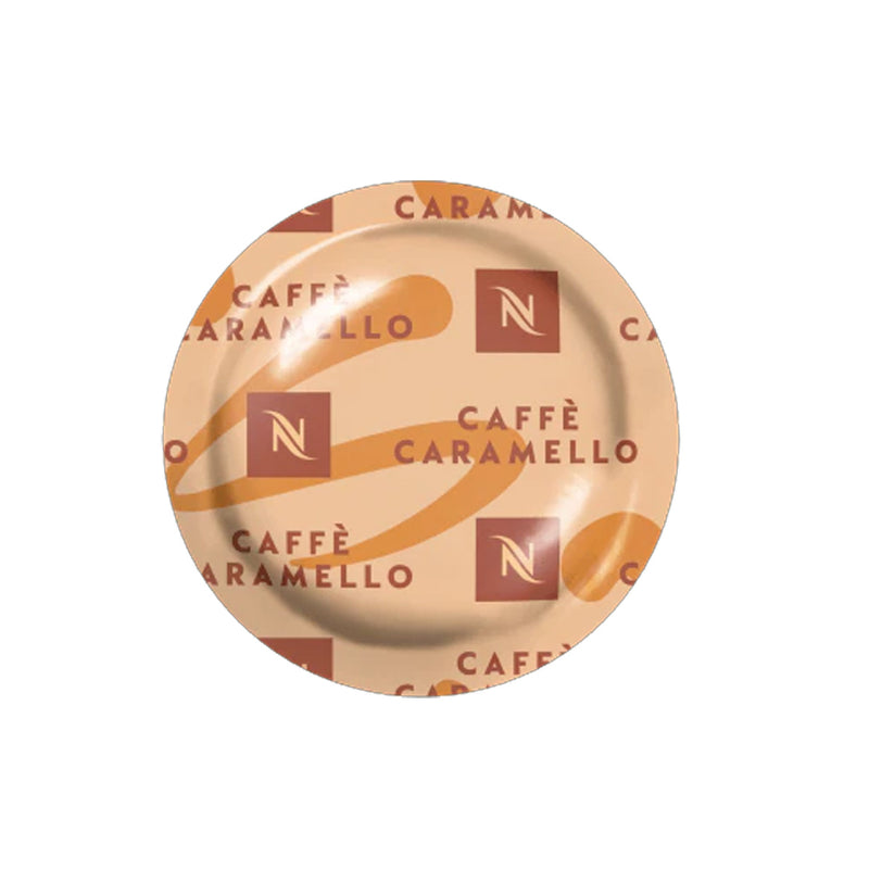 The Nespresso Cafe Caramello Professional Capsules feature a circular beige lid adorned with the brown Nespresso logo and the text "CAFFÈ CARAMELLO" printed multiple times in brown and orange, highlighting a classic espresso blend crafted from medium roast Latin American Arabicas.