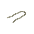 The DeLonghi Parts Clamp Wire 6113213191 is a metallic cotter pin with a slightly irregular U-shape. This wire pin features two prongs: one prong is slightly longer and curved inward, while the other prong is straight. Ideal for clamping bolts and other fasteners, the pin rests against a white background.