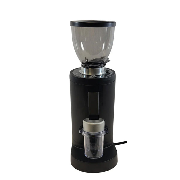 The **DF83 ELR Single Dose Coffee Grinder With DLC Burrs (Black)** by **DF Grinders** is a sleek and modern appliance featuring 83mm DLC burrs. Its design includes a transparent bean hopper on top, stepless adjustment for precise grinding, and a small clear container at the bottom to catch ground coffee. The cylindrical body and rear power cable complete its sophisticated look.