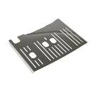 The DeLonghi Parts: Drip Tray Cover: 6013214711 is a metallic sheet with a smooth finish, featuring multiple rectangular and circular cutouts and parallel slots. The cutouts are symmetrically arranged in the center, while the slots run vertically along both sides of the sheet. The edges are slightly raised.