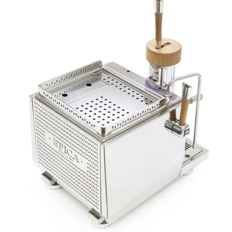 The Rocket Epica Lever Espresso Machine RE091N3N11 is a silver manual lever coffee machine featuring elegant wooden handles and a side lever. It seamlessly combines metal and wooden elements, boasting a perforated top for ventilation along with a small drip tray beneath the dispensing area.