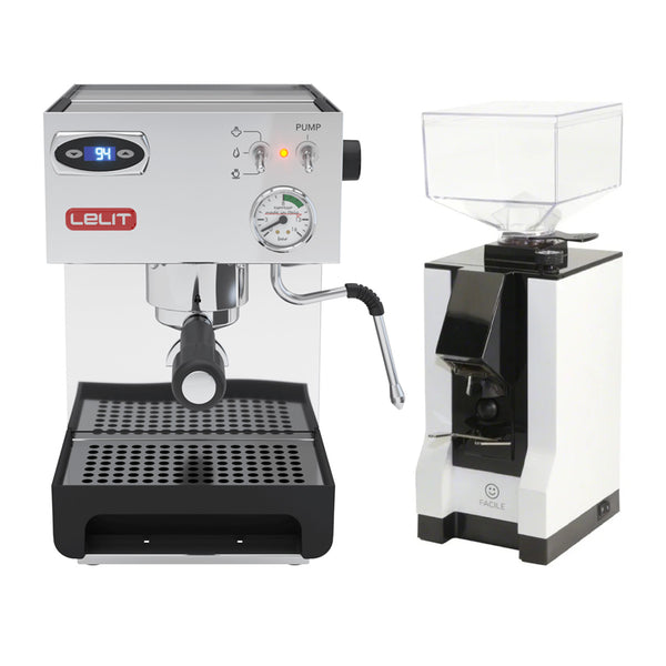 The Lelit Anna 2 PL41TEM Espresso Machine with PID, featuring a digital display, Lelit branding on the front, a steam wand, and a pressure gauge, is paired with the white and black Eureka Mignon Facile coffee grinder that includes a clear hopper for holding coffee beans. Both products reflect Italian craftsmanship.