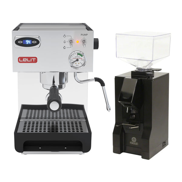 A Lelit Anna 2 PL41TEM Espresso Machine with PID control, digital display, pressure gauge, and a steam wand on the right side, bundled with a black Eureka Mignon Facile Grinder featuring a transparent bean hopper.