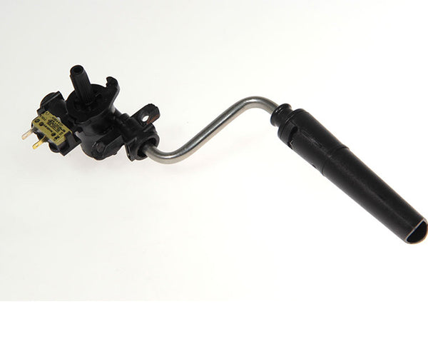 A DeLonghi Parts Faucet Assembly with Cappuccino Nozzle AS13200153, featuring a long, curved pipe connected to a small, intricate mechanism on one end and a cylindrical component on the other. The mechanism includes various connectors and small components. The background is plain white.