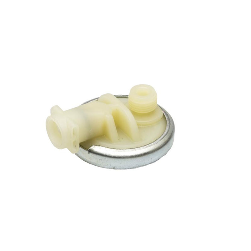 The DeLonghi Flow Attenuator (5513230831) is a small, circular mechanical component crafted from beige plastic and metal. It features a threaded nozzle on its top surface and a curved, pipe-like extension. This part, compatible with Delonghi Magnifica Cappuccino machines, is affixed to a round metal base. The background is plain white.