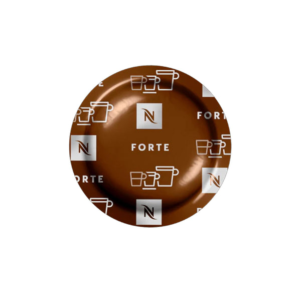 A brown Nespresso Forte Professional coffee capsule showcases the iconic Nespresso logo and the word "Forte." This medium roast capsule offers a classic espresso blend of Latin American Arabicas and features small white cup icons scattered across its surface.