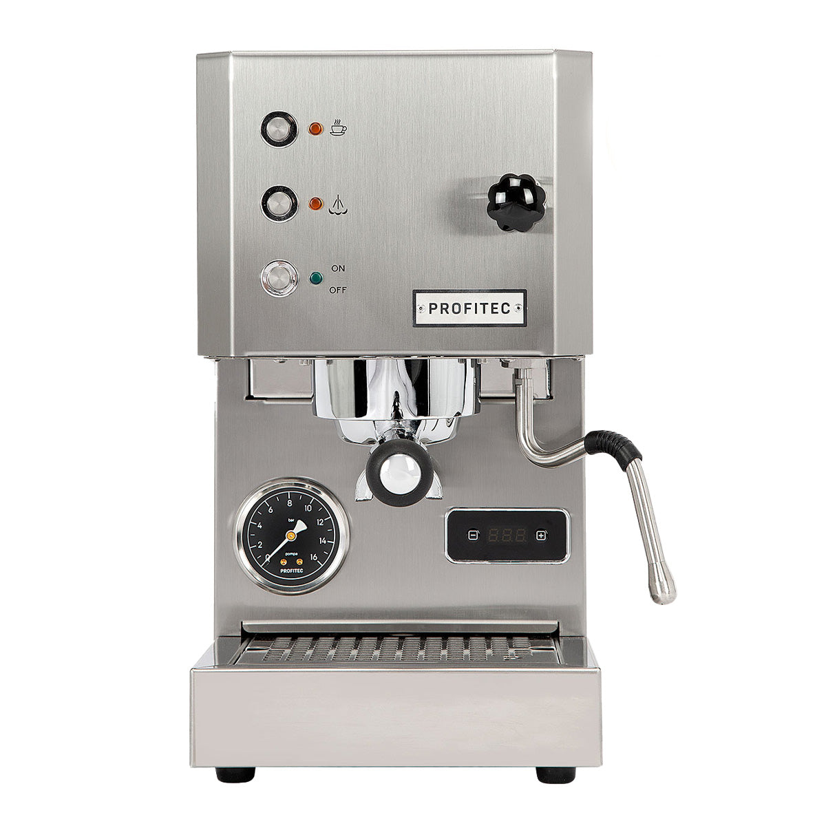 The Profitec Go Single Boiler PID Espresso Machine, in brushed stainless steel, showcases a steam wand, pressure gauge, control buttons, and the "Profitec" branding on the front. This semi-automatic machine includes a digital display and a bottom drip tray.