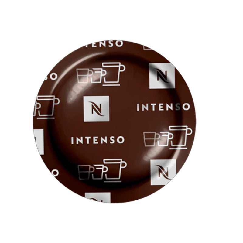 A round coffee pod lid featuring the Nespresso logo, the word "Intenso," and images of coffee mugs repeated across its dark brown surface from the Nespresso Intenso Professional Capsules (Box of 50). This design suggests a robust coffee experience with richly roasted Arabicas and hints of cocoa.