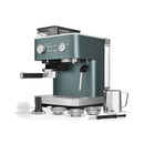 A KitchenAid Semi Automatic Espresso Machine with Burr Grinder KES6551JP (Juniper) featuring Smart Dosing Technology and various accessories, including portafilters, a milk frothing pitcher, a tamper, and cleaning tools. Displayed on a white background, the machine features knobs, buttons, and a built-in steam wand for precise brewing.