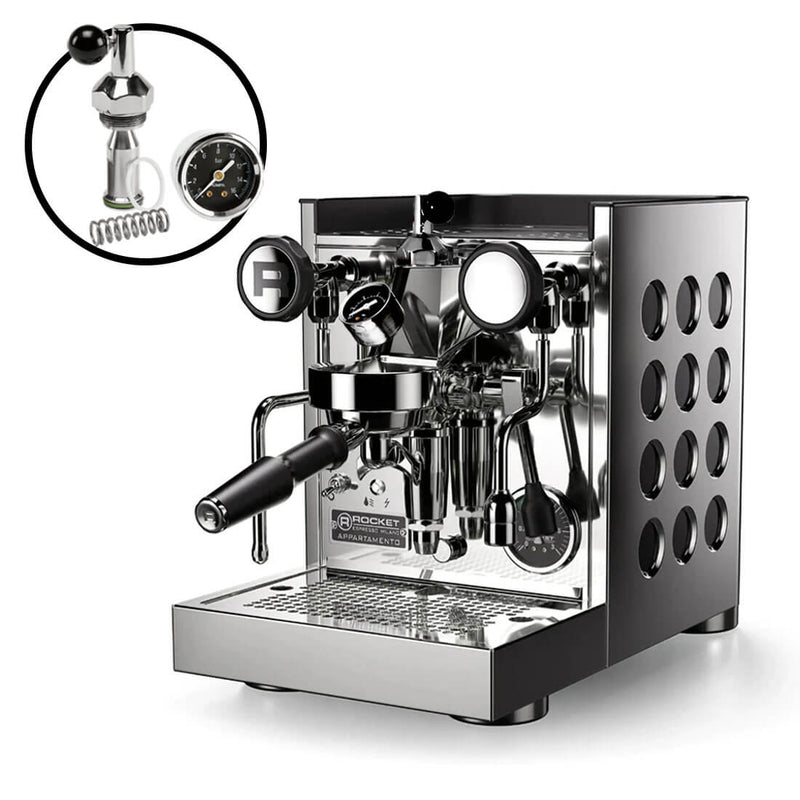 The Rocket Appartamento TCA Espresso Machine with Flow Control RE502A3B12 boasts a sleek, premium design in polished stainless steel. It features attachments, a steam wand, and precise temperature control. Detailed insets reveal its black knob, gauge, and spring for ultimate precision.